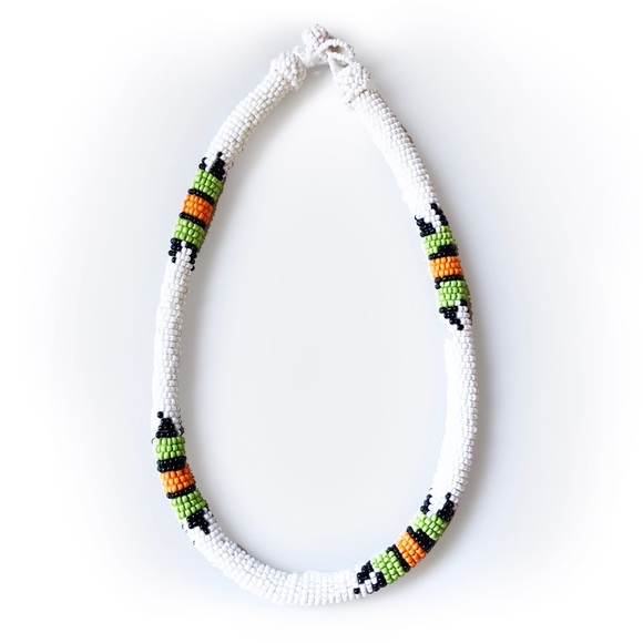 Lime green orange white handmade beaded necklace - Picture 2 of 3